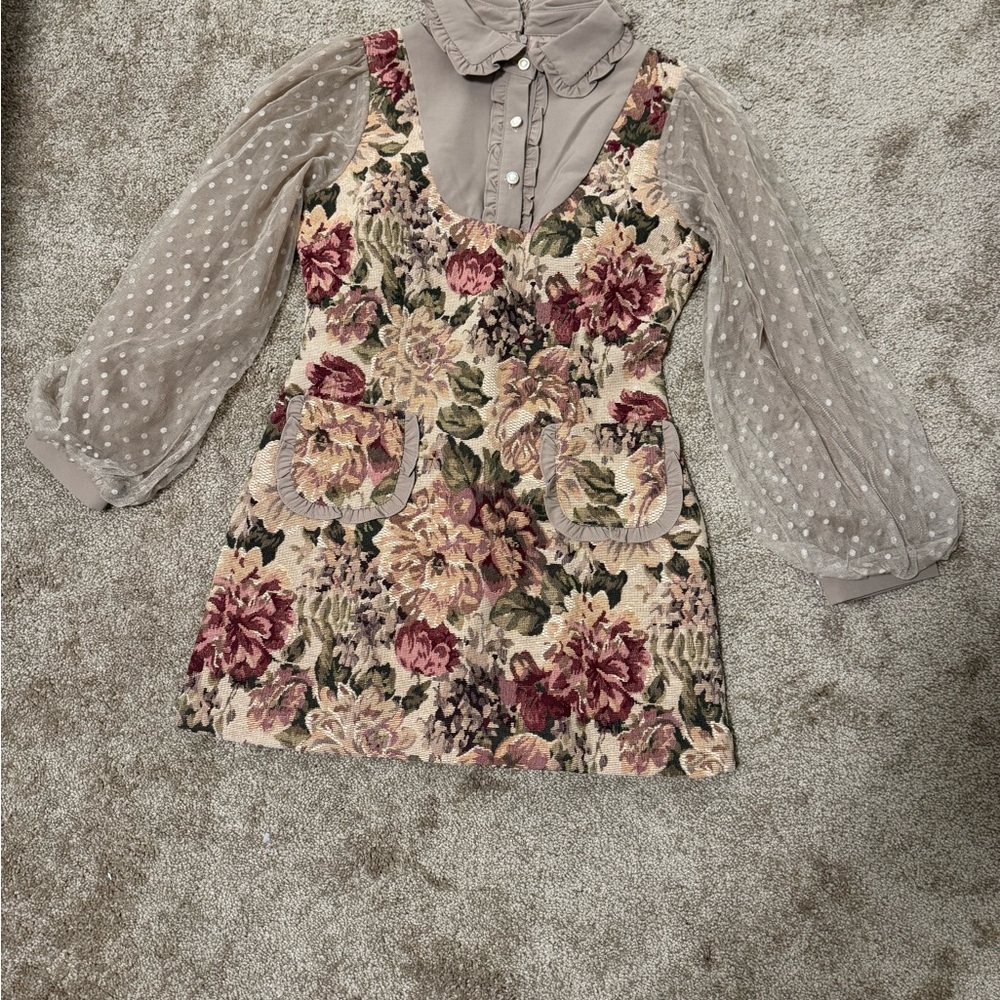 Valleygirl Beige and Floral Dress with Sheer Sleeves